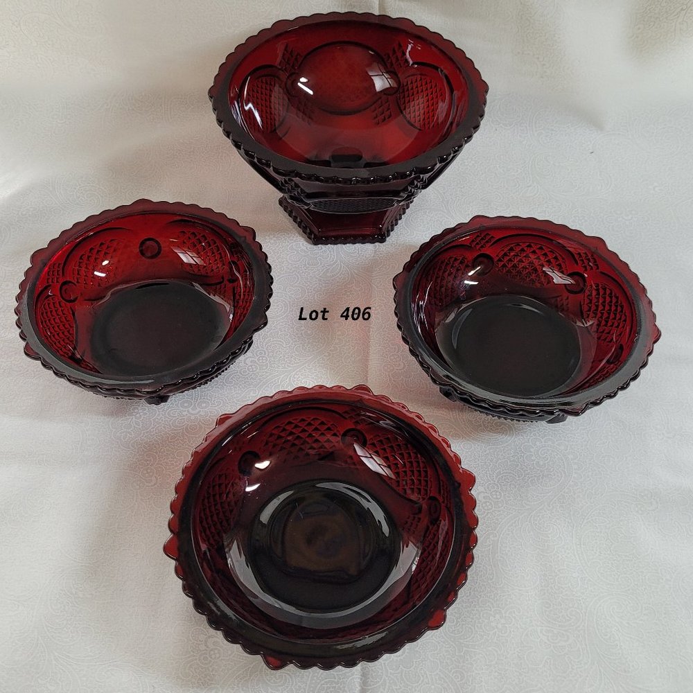 Avon Cape Cod Collection 1876  Ruby Red Candy Dish + 3 Small Bowls